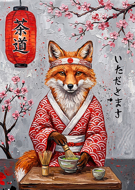 Fox in Kimono Preparing Matcha Tea