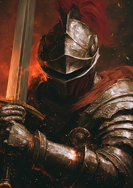 Armored Knight with Sword in Fiery Setting