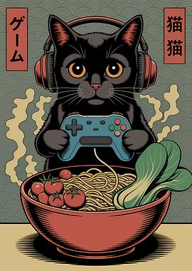 Gaming Cat with Ramen Bowl