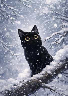 Black Cat in Winter Snowfall