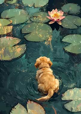 Puppy and Water Lily Pond Painting