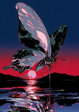 Butterfly over water at sunset