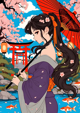 Anime Girl with Umbrella and Cherry Blossoms