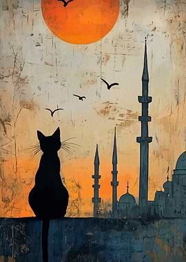 Cat Silhouette with Mosque and Sunset