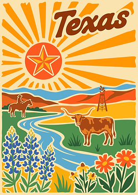Texas Landscape Illustration with Longhorn and Cowboy