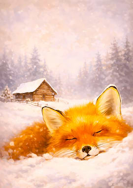 Sleeping Fox in Winter Landscape