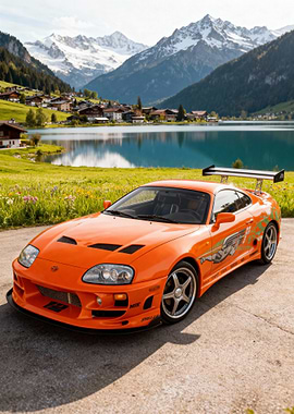 Orange Toyota Supra with Mountain Backdrop