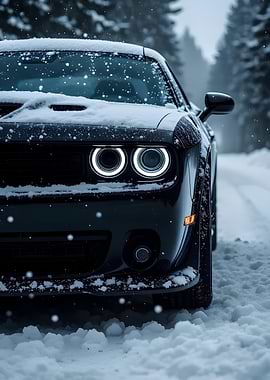 Snowy Black Car in Winter Landscape