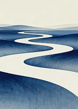 JAPANDI Indigo Blue Winding Path Abstract Landscape