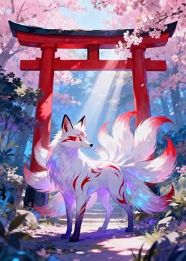 Nine-tailed Fox in a Cherry Blossom Garden