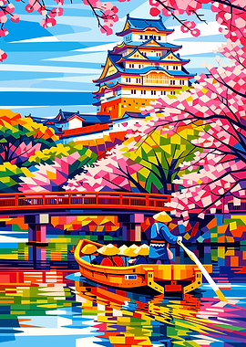 Japanese Castle and Boat Colorful Art