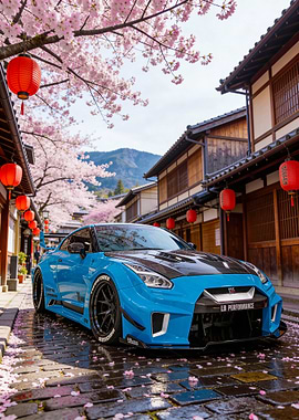 Blue Nissan GT-R in Japan