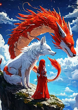 Fantasy Scene: Girl, Wolf, and Dragon