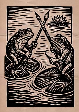 Frog Artists Woodcut Print