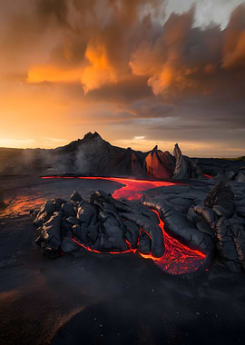 Volcanic Landscape with Flowing Lava