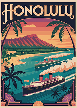 Honolulu Travel Poster Art Deco Style