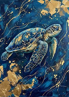 Sea Turtle in Blue and Gold