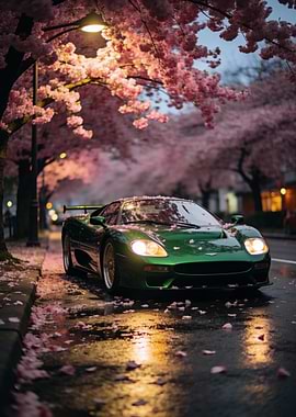 Green sports car under cherry blossoms