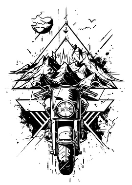 Motorcycle and Mountain Black and White Art