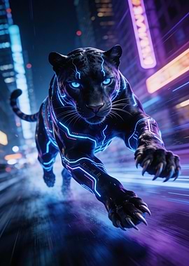 Cyberpunk Panther in Neon Cityscape