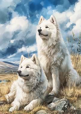 Two Samoyed Dogs in a Field