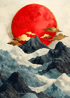 Red Sun Over Mountain Landscape Art