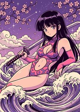 Anime Girl with Sword in Waves