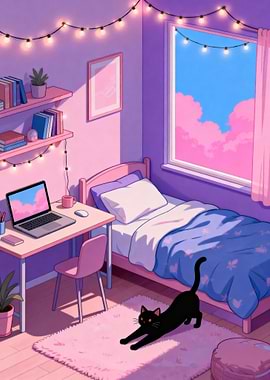Cute Pink Bedroom with Black Cat