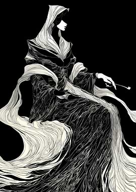 Monochrome hooded figure with pipe