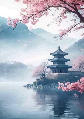 Japanese Pagoda with Cherry Blossoms