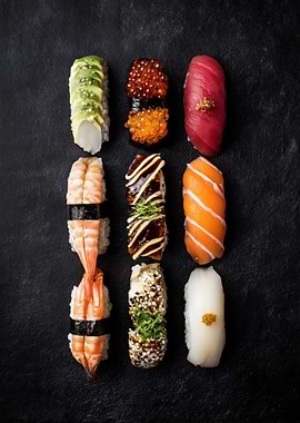 Assorted Nigiri Sushi on Dark Background