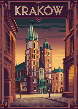 Krakow Cityscape Art Deco Poster