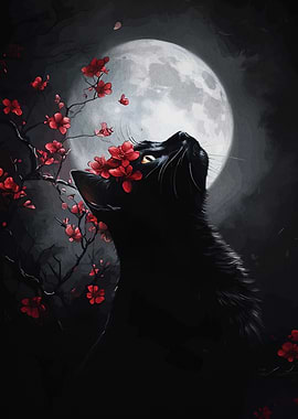 Black Cat and Cherry Blossoms under Moon