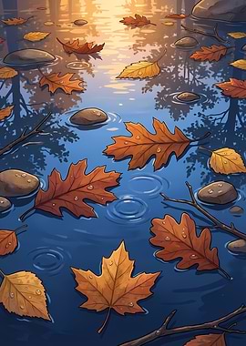Autumn Leaves Floating on Water