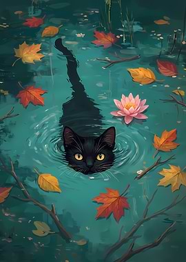 Black Cat Swimming in Autumn Pond