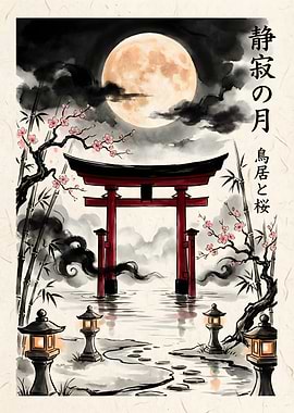 Japanese Torii Gate Under Full Moon