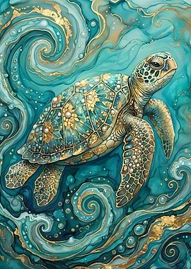 Elegant Sea Turtle in Teal and Gold