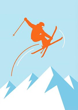 Orange Skier Silhouette Over Mountain Peaks