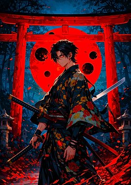 Anime Samurai with Swords and Torii Gate