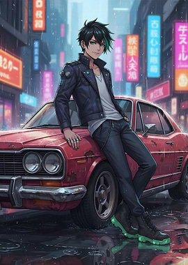 Anime Guy with Red Car in Rain