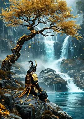 Samurai Contemplation by Waterfall