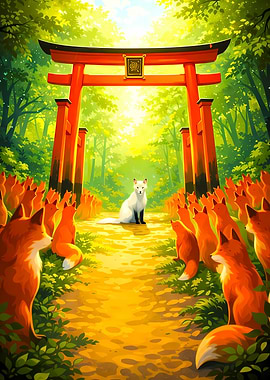 Foxes at Torii Gate in Forest