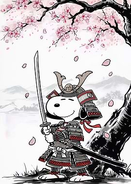 Snoopy Samurai with Cherry Blossoms