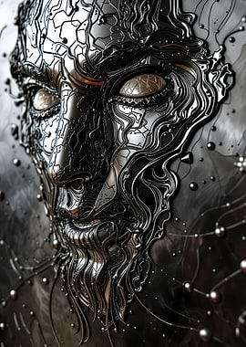 Metallic Face Sculpture with Intricate Details