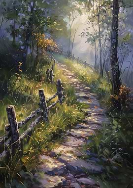 Sunlit Forest Path Painting