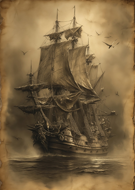 Sepia Pirate Ship Sailing the Seas