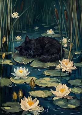 Black Cat Sleeping on Lily Pad
