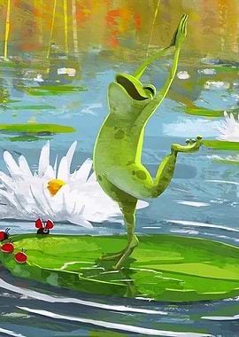 Frog Doing Yoga on Lily Pad