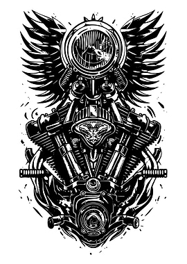 Motorcycle Engine Black and White Illustration