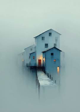 Misty Coastal Houses with Red Door